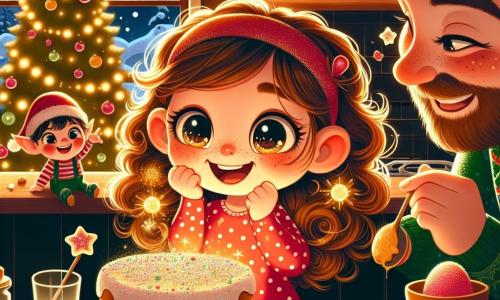 Una niña de 3 años, Clara, con grandes ojos brillantes y cabello rizado rubio, sonríe con asombro mientras decora pasteles de Navidad con purpurina de colores. Lleva un bonito vestido rojo con lunares blancos y sus mejillas están sonrojadas por la emoción. A su lado, su papá, un hombre de unos treinta años con barba castaña y un suéter verde, ríe mientras añade estrellas de azúcar a los pasteles, inclinándose ligeramente hacia Clara y compartiendo este momento alegre. En un rincón, un pequeño duende llamado Tintín, con orejas puntiagudas y un sombrero rojo, brilla con magia, sosteniendo una vaina de azúcar brillante. Tiene una sonrisa traviesa y parece listo para añadir un toque especial a los pasteles. La escena se desarrolla en una cálida cocina decorada para Navidad, con un gran árbol iluminado al fondo, guirnaldas brillantes y copos de nieve visibles a través de la ventana. Clara, su papá y Tintín se dedican alegremente a preparar pasteles de Navidad, llenando la habitación de risas y magia, listos para compartir su creación con el mundo.