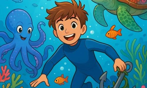 Un ragazzo di 12 anni, Matteo, con capelli castani spettinati e occhi brillanti di curiosità, nuota felicemente sott'acqua, circondato da pesci colorati. Il suo volto esprime meraviglia, con un ampio sorriso che illumina il suo viso. Indossa una muta blu che contrasta con le vivaci tonalità del mondo marino. Accanto a lui, un grande polpo dai tentacoli ondulanti, con colori vivaci di blu e viola, sembra incoraggiarlo con movimenti aggraziati. Più lontano, una enorme tartaruga, Lira, con un guscio decorato di coralli e occhi saggi, osserva attentamente, pronta a guidare Matteo nella sua esplorazione. Il paesaggio sottomarino è un vero e proprio quadro vivente: coralli multicolori, alghe danzanti e raggi di luce che filtrano attraverso la superficie dell'acqua, creando un effetto scintillante. Banchi di piccoli pesci argentati nuotano intorno a loro, aggiungendo magia alla scena. Matteo, con l'aiuto del polpo, si impegna a liberare un'ancora avvolta nelle alghe, simboleggiando il suo desiderio di proteggere le uova di tartaruga sulla spiaggia. L'atmosfera è dinamica e piena di promesse, catturando lo spirito di avventura e scoperta sottomarina.