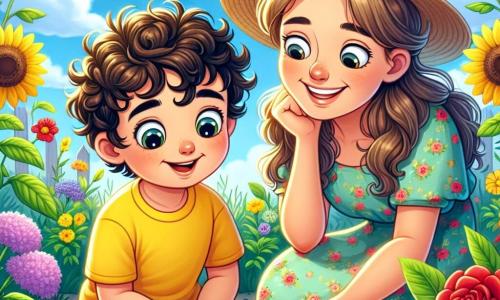 Un niño de 6 años, Lucas, con cabello castaño rizado y ojos llenos de curiosidad, está sentado en un jardín soleado, rodeado de flores coloridas. Lleva una camiseta amarilla brillante y un pantalón corto azul, y sonríe maravillado al observar una oruga verde en una hoja. A su lado, su mamá, una mujer de unos treinta años con cabello largo y castaño, está de rodillas, sonriendo, y le muestra a Lucas las diferentes flores que florecen a su alrededor. Ella lleva un vestido ligero con flores y un sombrero de paja. El jardín está lleno de flores brillantes: rosas rojas, girasoles amarillos y violetas, con mariposas coloridas volando alrededor. El cielo es de un azul brillante, salpicado de algunas nubes blancas y esponjosas. La escena principal muestra a Lucas y su mamá explorando el jardín, maravillados por la belleza de la naturaleza mientras descubren juntos las maravillas de la primavera.
