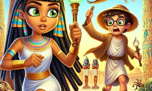 Neferet, una giovane egiziana di circa 12 anni, corre con determinazione tra le maestose colonne del tempio di Karnak. Ha lunghi capelli neri intrecciati, occhi brillanti di curiosità e un sorriso inquieto ma coraggioso. Tiene saldamente un bastone scintillante di luce verde sotto il mantello, mentre le sue sandali dorate colpiscono il suolo di pietra. Vicino a lei, un giovane scriba di circa 10 anni, con occhiali a forma di scarabeo e una tunica di lino stropicciata, corre tenendo un papiro infuocato, apparendo in preda al panico. Cerca disperatamente di fuggire da una mummia di circa 3000 anni, che, sebbene decomposta, indossa un cappello di paglia e sembra semplicemente smarrita, alzando le braccia per chiedere aiuto. Il tempio di Karnak è un luogo grandioso, con colonne ornate di geroglifici colorati e statue di animali mitologici, immerso in una luce dorata del mattino. I ibis giganti volano sopra, aggiungendo un tocco di magia all'atmosfera. La scena principale mostra Neferet che corre con il bastone magico, mentre lo scriba e la mummia si incrociano in una situazione caotica e divertente, piena di mistero e avventura.