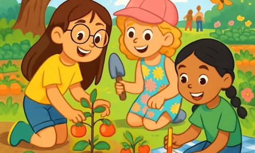 Ci sono 3 personaggi: Sofia, una ragazza di 10 anni con lunghi capelli castani e occhiali rotondi, indossa una maglietta gialla e pantaloni di jeans, mentre pianta pomodori nel giardino con un sorriso entusiasta; Martina, una ragazza di 10 anni con capelli biondi ricci e un cappellino rosa, indossa un vestito a fiori colorati e tiene una piccola pala, pronta a piantare fragole accanto a Sofia; Giulia, una ragazza di 10 anni con capelli neri intrecciati e una maglietta verde, indossa pantaloni corti e sandali, seduta su una coperta nei pressi, decora un grande pannello con disegni di fiori e informazioni sulle piante. La scena si svolge in un giardino comunitario vibrante, pieno di file di verdure colorate e fiori brillanti, con farfalle che volano intorno e una grande quercia che offre ombra. Sullo sfondo, si vedono famiglie riunite per godere della giornata di sole. Le tre amiche lavorano insieme nel giardino, condividendo risate e storie mentre imparano a coltivare le loro piante, in un'atmosfera gioiosa e conviviale, piena di colori vivaci e sorrisi.