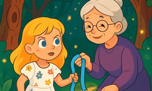 Młoda dziewczynka, Lilia, mająca około 8 lat, z jasnymi blond włosami i jaskrawo niebieskimi oczami, stoi w środku zaczarowanego lasu. Ma na sobie lekką białą sukienkę ozdobioną małymi kolorowymi kwiatkami, a jej twarz wyraża determinację i zdumienie. Obok niej stoi starsza kobieta, jej babcia, z siwymi włosami i ciepłym uśmiechem, która podaje jej piękną niebieską wstążkę, symbol szczęścia. Las jest gęsty, z dużymi drzewami o sękatych pniach, emeraldowymi liśćmi i świecącymi świetlikami, które oświetlają ścieżkę. Lilia, pełna odwagi, zamierza wejść w głąb lasu, aby odnaleźć magiczne światło znikających świetlików.