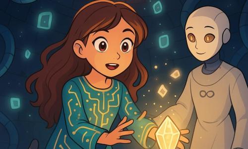 Uma menina de 12 anos, com cabelos longos e ondulados de um tom castanho quente, está no centro da imagem, com os olhos brilhando de admiração e determinação. Ela veste uma túnica leve decorada com padrões de circuitos luminosos, e suas mãos estão estendidas em direção a um cristal cintilante em um altar. Ao seu lado, um androide de rosto suave, com olhos âmbar e um traje flutuante, observa com benevolência, pronto para ajudar. Um pequeno gato cinza com manchas em forma de parênteses se esgueira entre suas pernas, com os olhos brilhando de curiosidade. O cenário é uma sala circular, com paredes de obsidiana brilhante, onde tubos flexíveis pulsando luz serpenteiam como veias. No teto, um sol em miniatura brilha, projetando sombras dançantes no chão. A cena principal mostra a menina cantando suavemente, tentando restaurar o equilíbrio de um antigo código mágico, enquanto memórias luminosas flutuam ao redor deles, criando uma atmosfera mística e reconfortante.