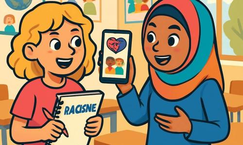 Er zijn 2 hoofdpersonages: - Lotte: 12-jarig meisje met blond, krullend haar, gekleed in een roze t-shirt en een spijkerbroek. Ze is glimlachend en houdt een schrift in haar handen, staande aan de linkerkant. - Amira: 12-jarig meisje met lang, zwart haar, gekleed in een kleurrijke hijab en een blauwe jurk. Ze heeft een vastberaden blik en staat rechts van Lotte met een smartphone in haar hand. De belangrijkste locatie van dit verhaal is een heldere klaslokaal, met muren versierd met kindertekeningen en posters over culturele diversiteit. Houten bureaus zijn in een cirkel geplaatst, en een groot raam laat zonlicht binnen, waardoor de ruimte verlicht wordt. De hoofdsetting van het verhaal toont Lotte en Amira die enthousiast discussiëren over hun schoolproject over racisme. Lotte schrijft aantekeningen in haar schrift, terwijl Amira foto's op haar smartphone laat zien, die verhalen van diversiteit illustreren. De twee meisjes wisselen ideeën uit in een vriendelijke en samenwerkende sfeer.