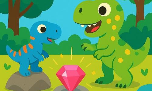 Uśmiechnięty mały Tyranozaur Rex jasnooliwkowy z żółtymi plamkami, o okrągłych błyszczących oczach, stojący na dwóch nogach i wyciągający łapę w stronę dużego różowego kamienia; obok po lewej Bazyli, mniejszy przyjacielski dinozaur niebieski z pomarańczowymi paskami, z ogonem uniesionym i łapami na skałce, patrzący zdumiony; duży błyszczący różowy kamień na głazie nad rzeką, delikatne promienie i złote iskierki; przejrzysta rzeka z gładkimi kolorowymi kamykami, brzegi z wysokimi drzewami o szerokich liściach i kolorowymi ptakami na niebie; jasna, nasycona kolorystyka, proste kształty, kompozycja skupiona na trójce Tyranozaur–Bazyli–kamień, styl dziecięcy czytelny w małej skali.