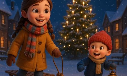 An 8-year-old girl, Clara, with neatly braided hair and a face beaming with joy, pulls an old polished wooden sled. She wears a colorful scarf and a warm winter coat. Beside her, her 5-year-old brother Toby, with rosy cheeks and a woolen hat, joyfully runs while holding a shiny brass lantern. They are in the village's central square, where a large Christmas tree decorated with candle-shaped lights stands majestically. Around them, snowflakes gently fall, covering the rooftops and shimmering snowbanks. The main scene shows Clara and Toby stopping in front of the tree, surrounded by small dancing lights escaping from the lantern, illuminating the winter night with a magical and warm glow.