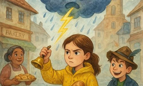 A 12-year-old girl, Mira, focused and determined with brown hair in pigtails and a yellow raincoat spotted with drops, stands at the edge of a wet fountain holding a shiny brass bell in one hand and a small roll with a paper tag tied by blue string in the other; a mischievous, eager 12-year-old boy, Finn, in a worn hat with a feather, stands slightly behind her to the right holding a dented drum ready to count; warm, round Mrs. Puddlewick, about fifty, in a flour-dusted apron, stands under a bakery awning to the left holding a tray of buns and watching hopefully; above the clock belfry looms an anthropomorphic gray-blue storm cloud with furrowed rain-brows, clawlike lightning and a mouth that sneezes a dramatic bolt with cute raindrop pouts; the stone-paved village square is wet with a central fountain, shop signs, clotheslines and closed umbrellas on the ground, gray daylight and a colorful, damp atmosphere; central action: Mira rings the bell beneath the sulky cloud as a gust lifts the roll skyward and the cloud sneezes spectacular lightning while the characters react with dynamic gestures and exaggerated expressions, composition centered on the contact between bell, roll and cloud.