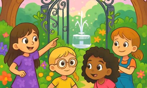 There are 4 children: - Amira: an 8-year-old girl with long brown hair and sparkling eyes, wearing a purple floral dress. She stands on the left, pointing at the mysterious portal. - Chloe: an 8-year-old girl with braided blonde hair and round glasses, dressed in a yellow t-shirt and denim shorts. She is in the center, hands on her hips, displaying a curious smile. - Sophia: an 8-year-old girl with curly black hair and caramel skin, wearing a pink tunic and leggings. She is on the right, leaning forward, gazing at the garden in wonder. - Zoe: an 8-year-old girl with red hair and freckles, wearing blue overalls. She is behind Sophia, arms crossed, looking at the garden with an intrigued expression. The setting is an enchanting garden filled with bright flowers, large gnarled trees, and a lavender sky dotted with fluffy clouds. In the center, a sparkling fountain sprays water droplets that shine like diamonds in the sun, while a wrought-iron gate covered in silver vines stands at the entrance. The main scene shows the four friends discovering the mysterious portal, their faces lit up with curiosity and wonder, ready to enter a magical world filled with secrets and wisdom.