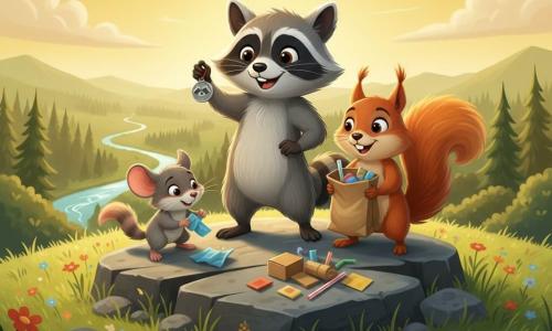 A young raccoon named Tilly with a gray-and-black masked face, bright smiling eyes and a proud, joyful posture holds a small silver medal engraved with a raccoon; a red squirrel called Benny with glossy fur, a bushy plume tail and a mischievous, enthusiastic expression stands slightly in front of Tilly holding a paper bag of trash; a small gray mouse named Marnie with fine whiskers and a focused smile crouches by a rock picking up a crumpled wrapper; they stand on a grassy hilltop strewn with colorful wildflowers, a large flat rock at the center, a neat pile of collected trash (cardboard boxes, straws, colorful papers) beside them, a panoramic view of a forest and a sparkling stream in the distance under warm late-afternoon golden light with soft shadows and a few birds in flight, evoking teamwork and pride in a vivid, clean-textured modern illustrative style.