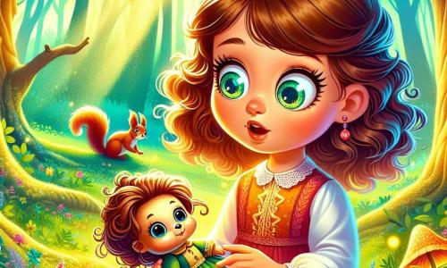 An 8-year-old girl named Lily, with curly brown hair and sparkling curious eyes, holds an antique doll with a mysterious smile in her arms. She has a look of wonder and excitement on her face, her cheeks slightly flushed from adventure. Nearby, a small squirrel with bright eyes and brown fur stands on a branch, watching Lily with curiosity, as if encouraging her to explore further. The setting is an enchanted clearing surrounded by majestic trees with gnarled trunks and vibrant green leaves, where rays of sunlight filter through the foliage, creating bright patterns on the ground covered with colorful wildflowers. The main scene shows Lily discovering the forgotten doll at the center of the clearing, surrounded by mysterious whispers, with an atmosphere that is both magical and slightly unsettling, as if the woods were revealing an ancient secret.