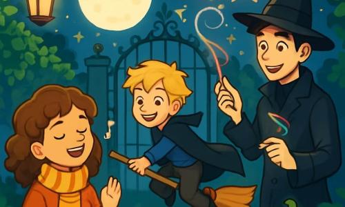 There are three characters: Mara, a 10-year-old girl with curly brown hair and sparkling eyes, wearing an orange sweater and a striped scarf, softly singing while looking at the stars; Theo, a 10-year-old boy with messy blonde hair and a mischievous smile, dressed as a wizard in a black cape, holding a wooden broom ready to twirl; and Luka, a 19-year-old young man with dark hair and gentle eyes, wearing a long black coat and a wizard hat, drawing shapes in the air with colored chalk. The setting is a secret garden hidden behind an old iron gate, surrounded by green ivy and twinkling lanterns. Smiling-faced pumpkins are scattered around an old stone sundial covered in moss. The moonlight gently illuminates the garden, creating a magical and mysterious atmosphere. The main scene shows Mara singing a sweet melody while Theo twirls with his broom and Luka draws fun shapes in the air with chalk. The three friends laugh together, creating a joyful and festive Halloween atmosphere.