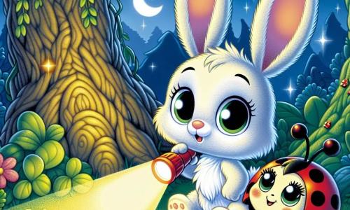 In the center of the image, Benny the Rabbit, a small rabbit with big ears and soft white fur, stands with a curious and slightly worried expression. His bright eyes reflect the light from a small flashlight he holds in his paws, illuminating his face with a warm glow. Next to him, Lily the Ladybug, a small red ladybug with black spots, joyfully flies around. She smiles with sparkling eyes and brightens the scene with her own little flashlight. She is perched on a leaf, slightly higher than Benny, and seems to encourage her friend not to be afraid. The setting is a magical forest, with tall trees having gnarled trunks and green leaves shimmering under the moonlight. The ground is covered with colorful flowers and small shiny stones, creating an enchanted atmosphere. The scene depicts Benny, a bit hesitant but determined, discovering the beauty of the night with the light from his flashlight, while Lily encourages him to explore and overcome his fear of the dark.