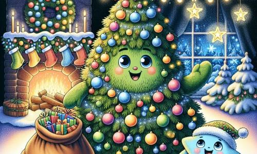 Ein fröhlicher Weihnachtsbaum namens Tannibär mit leuchtend grünen Nadeln, geschmückt mit bunten Lichtern und glitzernden Kugeln, lächelt mit funkelnden Augen vor Freude und hält einen großen Sack voller Geschenke. Neben ihm schwebt ein kleiner blauer Stern namens Lumin, der intensiv strahlt und mit freudigem Gesichtsausdruck seine Arme ausbreitet, als wolle er die Magie von Weihnachten umarmen. Die Szene spielt in einem gemütlichen Raum, der weihnachtlich dekoriert ist, mit sanft fallenden Schneeflocken draußen, Lichterketten an den Wänden und einem knisternden Kamin voller Weihnachtsstrümpfe. Tannibär und Lumin bereiten sich darauf vor, Geschenke an die Kinder zu verteilen, umgeben von einer festlichen und verzauberten Atmosphäre, erleuchtet von den funkelnden Lichtern des Baumes.