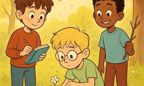 Hay 3 personajes: - Un niño llamado Leo, de casi 9 años, con cabello castaño despeinado y ojos curiosos. Sostiene un cuaderno azul con la cubierta algo desgastada y está a la izquierda de la imagen. - Un niño llamado Nico, también de casi 9 años, con cabello rubio y gafas redondas. Está agachado a la derecha de Leo, observando atentamente una pequeña flor blanca en el suelo. - Un niño llamado Bruno, de la misma edad, con cabello negro corto y una sonrisa traviesa. Está de pie a la derecha de Nico, sosteniendo una rama seca en su mano. El lugar es un parque primaveral, bañado de luz dorada. Los árboles están salpicados de jóvenes hojas verdes y el suelo está cubierto de pequeñas flores blancas y brotes de hierba fresca. Una suave brisa hace bailar los pétalos rosados caídos en el suelo. La situación principal muestra a los tres niños creando un herbario secreto. Están rodeados de la naturaleza renaciente de la primavera, cada uno cautivado por los tesoros naturales que descubren. Leo escribe en el cuaderno, Nico examina una flor y Bruno observa los alrededores con asombro. El ambiente es pacífico y alegre, capturando el asombro de la infancia ante la belleza de la primavera.
