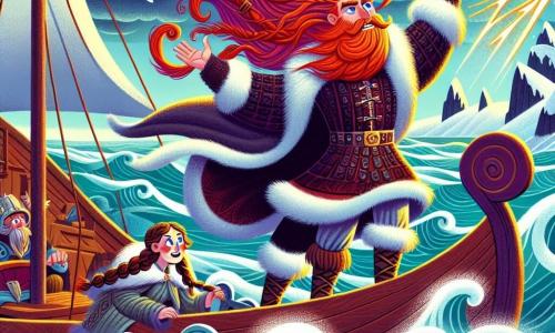 Un hombre vikingo llamado Erik se encuentra orgullosamente en su drakkar, con su barba roja brillante ondeando al viento. Sus ojos azules brillan de emoción y valentía mientras levanta los brazos hacia el cielo, listo para bailar con la tormenta. A su lado, su madre, una mujer de unos cuarenta años con el cabello trenzado, observa con orgullo y preocupación desde la orilla. Lleva un vestido de lana gruesa y sostiene una pequeña bandera vikinga en su mano, como para animar a su hijo. El drakkar navega por un mar agitado, rodeado de olas blancas y espumosas, bajo un cielo oscuro y tormentoso, donde relámpagos iluminan las nubes amenazantes. Montañas nevadas se alzan en el horizonte, añadiendo un toque majestuoso al paisaje. Erik, en plena aventura, navega valientemente a través de la tormenta mágica, rodeado de nieve que gira y viento poderoso, mientras destellos de luz naranja y roja bailan en el cielo, creando una atmósfera a la vez aterradora y fascinante.