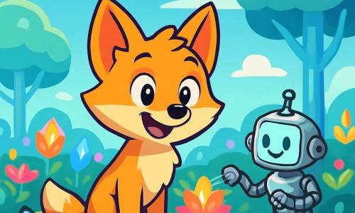 Ein kleiner Fuchs namens Felix mit goldenem Fell und neugierigen, funkelnden Augen steht im Zentrum eines futuristischen Gartens und ist begeistert. Seine Ohren sind aufgerichtet, und ein großes Lächeln erhellt sein Gesicht, während er die leuchtenden Pflanzen um ihn herum bewundert. In der Nähe gießt ein kleiner Gartenroboter mit einem silbernen Metallkörper und beweglichen Armen vorsichtig eine funkelnde Blume und zeigt auf seinem Bildschirm einen fröhlichen Ausdruck. Der Garten ist voller bunten Blumen mit kristallförmigen Blütenblättern und Bäumen mit durchsichtigen Stämmen, unter einem strahlend blauen Himmel, der mit wolkenartigen Baumwollwolken übersät ist. Felix entdeckt eine geheime Ecke des Gartens, wo die Magie von Technologie und Natur aufeinandertreffen und eine traumhafte, wunderbare Atmosphäre schaffen.