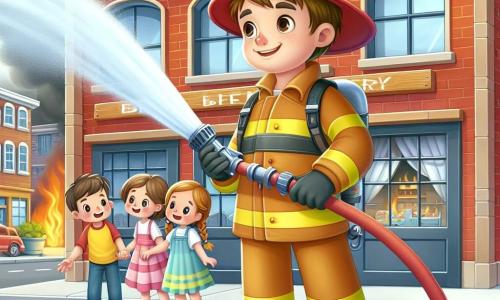 Firefighter Fred is at the center of the image, smiling proudly. He wears a shiny red helmet and a yellow suit, holding a fire hose that sprays water. His brown hair is slightly tousled, and his eyes sparkle with excitement as he extinguishes a fire. Next to him, Sam, a 10-year-old boy, is helping evacuate people from the bakery. He is tall for his age, with blond hair and a determined expression. Lucy, a 9-year-old girl, stands a bit further away, holding a little girl’s hand with a reassuring smile. She has braided brown hair and wears a colorful dress. The scene takes place in front of a red brick bakery with large windows and a wooden sign. Smoke is coming from a window, but the sky is blue and sunny, contrasting with the emergency situation. The main action shows Firefighter Fred fighting the fire with his hose while Sam and Lucy assist people to safety, highlighting the courage and teamwork of firefighters.