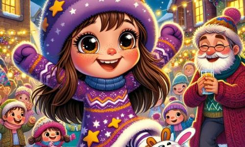 A 10-year-old girl with long brown hair and rosy cheeks wears a starry purple hat and bunny-shaped slippers. She joyfully dances in the village square, her sparkling eyes and big smile lighting up her face. Next to her, her father, a man in his forties with a light beard and a colorful sweater, laughs as he tries to keep up with her clumsy movements, while her mother, a woman in her thirties with curly hair and a red coat, claps and laughs, holding a glass of sparkling juice. The scene takes place in a snowy village, where twinkling lights decorate the trees and houses, creating a festive atmosphere. The square is filled with joyful families, children wearing colorful hats and fun slippers, all gathered to celebrate the New Year. The main situation shows the girl and her family dancing together, surrounded by laughter and music, as fireworks light up the night sky, symbolizing the start of a new year full of adventures.