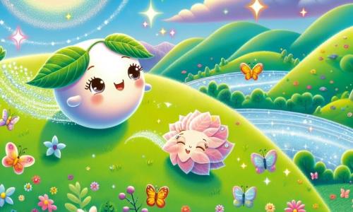 Pallina, una piccola sfera colorata con vivaci tonalità di rosa e blu, rotola gioiosamente su una collina luminosa, il suo viso radioso di felicità e curiosità. È circondata da piccole stelle scintillanti che danzano attorno a lei, simboleggiando la sua ricerca della verità. Accanto a lei c'è Foglietta, una vecchia foglia con sfumature dorate e verdi, con occhi saggi e un dolce sorriso. Fluttua leggermente nell'aria, come se danzasse con il vento, e guarda Pallina con benevolenza, condividendo la sua saggezza. Il paesaggio è una collina verdeggiante, costellata di fiori brillanti e farfalle colorate, sotto un cielo blu punteggiato di nuvole soffici. Sullo sfondo, un laghetto argentato riflette i colori del cielo, aggiungendo un tocco di magia alla scena. La situazione principale mostra Pallina e Foglietta in cima alla collina, dove Pallina ha appena realizzato che la verità si trova nel suo cuore. Sorride, circondata da luce e colori, pronta a continuare il suo viaggio di esplorazione e scoperta.
