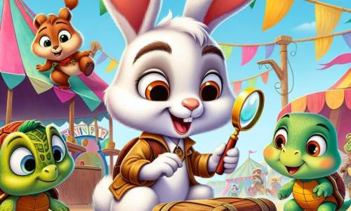 Al centro dell'immagine, Benny, un giovane coniglio dalle grandi orecchie e pelo bianco, mostra un'espressione di curiosità ed eccitazione. È in piedi sulle zampe posteriori, tenendo una lente d'ingrandimento in una zampa, mentre scruta un vecchio baule di legno coperto di polvere. Alla sua destra, Tina, una piccola tartaruga verde con un guscio colorato, osserva con un misto di preoccupazione ed entusiasmo, i suoi occhi rotondi brillano di speranza. È accovacciata, pronta ad aiutare Benny nella sua indagine. A sinistra, Leo, uno scoiattolo dal pelo marrone e dagli occhi furbi, è appollaiato su un ramo, osservando la scena con un sorriso malizioso, tenendo una noce tra le zampe. Lo sfondo è quello di una festa di paese animata, con festoni colorati che sventolano nel vento, palloni di tutti i colori e animali felici che ballano e si divertono sullo sfondo. La situazione principale mostra Benny e i suoi amici che scoprono il misterioso baule, circondati dall'eccitazione della festa, mentre si rendono conto di essere sul punto di risolvere un grande mistero.