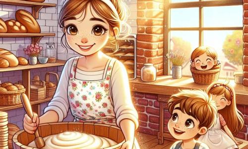 Carla, la fornaia, è una donna sorridente di circa trent'anni, con lunghi capelli castani raccolti in uno chignon e occhi scintillanti di gioia. Indossa un grembiule bianco a fiori e sta impastando della pasta per pane in una grande vasca di legno, il suo volto radioso di entusiasmo e determinazione. Luca, un ragazzo di 8 anni con i capelli biondi arruffati, osserva attentamente Carla, con gli occhi spalancati per ammirazione. Tiene una piccola spatola di legno e si trova proprio accanto a lei, pronto ad aiutarla. Anna, una bambina di 7 anni con due trecce castane e lentiggini, è seduta su una piccola sedia di legno, cantando gioiosamente per incoraggiare il lievito a lavorare bene. Guarda Carla con un grande sorriso, piena di energia. La scena si svolge in una panetteria calda e accogliente, con muri in mattoni rossi e scaffali in legno pieni di pani dorati e dolci colorati. Il sole entra attraverso una grande finestra, illuminando la stanza con una luce dolce e dorata. In questa illustrazione, Carla e i bambini stanno preparando il pane insieme, cantando e ridendo, mentre la pasta inizia a lievitare nella vasca, simboleggiando la magia della collaborazione e dell'amicizia.