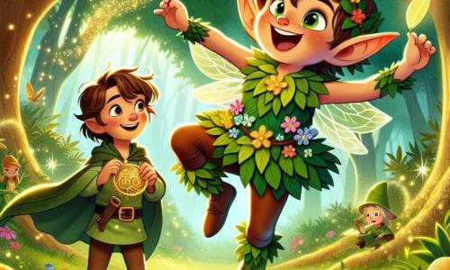 Un duende alegre, llamado Tilo, con orejas puntiagudas y una sonrisa brillante, lleva un traje hecho de hojas verdes y flores coloridas. Salta de felicidad, con los brazos levantados, en medio de un claro de un bosque mágico. A su lado, un niño de 8 años llamado Lucas, con cabello castaño y ojos llenos de curiosidad, sostiene una pluma dorada en una mano y una piedra brillante en la otra, mirando a Tilo con asombro. El lugar es un claro encantado, rodeado de árboles majestuosos con troncos gruesos, cuyas hojas brillan bajo la luz del sol, mientras flores cantantes de colores vivos bailan suavemente al viento. La situación principal muestra a Tilo y Lucas reuniendo objetos mágicos para descubrir el secreto de la amistad y la magia, mientras una suave luz dorada comienza a emanar de ellos, iluminando el claro del bosque.