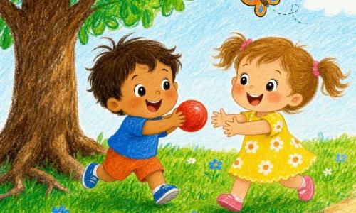 Un niño de 2 años, cara redonda y regordeta, cabello castaño en mechones, sonriente, sostiene una pequeña pelota roja y corre sobre la hierba; una niña de 3 años, cabello castaño claro largo en coletas, vestido amarillo con flores, sonríe y extiende la mano para atrapar la pelota, colocada ligeramente delante y a la derecha del niño; al fondo a la izquierda un gran árbol verde con tronco marrón texturizado y raíces visibles proyecta una sombra suave; la hierba es verde brillante con pequeñas flores azules y blancas y un sendero de tierra claro bordea la escena; una pequeña mariposa de alas naranja y azul vuela sobre los niños; estilo: dibujo infantil a lápiz, colores vivos, contornos suaves, expresiones exageradas y formas simples, ambiente cálido y amistoso.