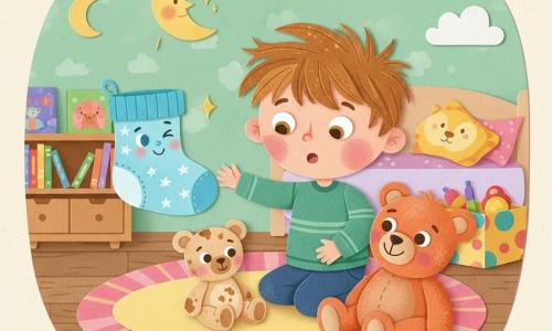 Niño de 2 años con expresión maravillada y algo sorprendida, mejillas redondas, cabello castaño claro despeinado, ojos grandes y brillantes, extendiendo la mano hacia un pequeño osito de peluche beige con mancha de pastelería sentado en la alfombra; una zapatilla/medias mágica antropomórfica, azul cielo con estrellas blancas, guiña un ojo y sonríe mientras emite una pequeña chispa dorada con aroma a galleta, flotando a la altura de su mano; un doudou-oso secundario, peluche rojiza y suave, algo polvorienta, sentada junto al niño; habitación infantil acogedora y colorida con paredes menta y pegatinas de luna y nubes, alfombra redonda a rayas rosa y amarillo, estantería de madera clara con libros ilustrados y caja de juguetes abierta, luz cálida de una lámpara en forma de luna; momento mágico y divertido: la media parlante crea una chispa olorosa de galleta mientras el niño intenta recuperar su osito; composición centrada, colores vivos, texturas de papel recortado visibles, contornos ligeramente irregulares y sombras suaves para efecto collage.