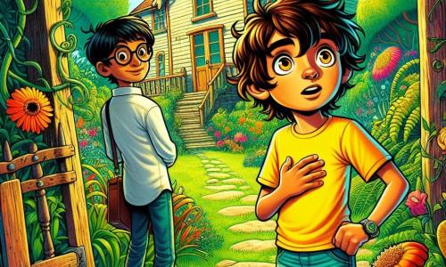 Um garoto de 12 anos, Miguel, com cabelos castanhos bagunçados e olhos brilhantes de curiosidade, está em frente a uma velha casa de madeira, com um sorriso deslumbrado no rosto. Ele usa uma camiseta amarelo-vivo e um short de jeans, segurando um pequeno caderno em uma mão, pronto para anotar sua aventura. Ao seu lado, seu melhor amigo Lucas, também de 12 anos, com óculos redondos e cabelos loiros, observa com excitação o jardim misterioso, com os braços cruzados sobre o peito, como se estivesse prendendo a respiração. O jardim é exuberante e selvagem, cheio de flores coloridas que dançam ao vento, arbustos de formas estranhas e caminhos de pedras que serpenteiam pela vegetação. Ao fundo, um portão de ferro forjado, enferrujado e entreaberto, revela um mundo secreto. A cena principal mostra Miguel e Lucas, fascinados, se aproximando de uma pequena ferrovia em miniatura que atravessa o jardim, com os olhos brilhando de admiração, prontos para descobrir o mistério que os aguarda atrás da porta da casa.