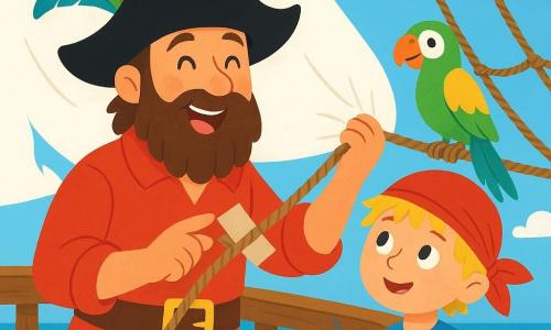 A smiling and warm pirate man, Old Sam, wears a large black hat adorned with a colorful feather. He has a brown beard and sparkling eyes full of joy. He stands on the deck of a wooden ship, repairing a large torn sail with rope and duct tape while singing cheerfully. Next to him, an 8-year-old boy with messy blonde hair and a red bandana watches with admiration, holding a small tool ready to help his pirate friend. A colorful parrot perched on the mast curiously observes the scene with its bright green and yellow feathers. The setting is a magnificent pirate ship with white sails billowing in the wind, rigging hanging, and gentle waves crashing against the hull. The main scene shows Old Sam repairing the sail while the boy and the parrot encourage him, creating a joyful and adventurous atmosphere on the waves.