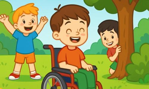 Er zijn 3 personages: Sam, een 5-jarig jongen met bruin haar en sprankelende ogen, zittend in een mooie rode rolstoel en enthousiast lachend. Max, ook 5 jaar, met blond haar en een blauwe t-shirt, staat naast Sam met zijn armen omhoog als aanmoediging, klaar om te spelen. Tibo, een 5-jarige jongen met zwart haar en een groene short, zit achter een boom, lachend en wachtend om zich te verstoppen. De scène speelt zich af in een zonnig park vol kleurrijke bloemen en groene bomen, met een grote grasveld waar de kinderen spelen, terwijl hun gelach en vreugde in de lucht weerklinken. In de verte is er een heldere blauwe lucht met enkele pluizige witte wolken. Sam telt voor het verstoppertje spel, terwijl Max en Tibo zich achter bomen en struiken verstoppen. Sam ziet er vastberaden en blij uit, klaar om zijn vrienden te zoeken, terwijl Max en Tibo elkaar ondeugend aankijken.