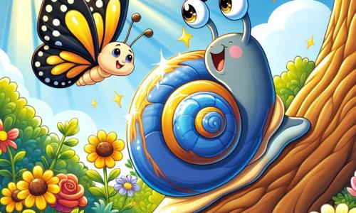 An illustration of a small snail with a shiny blue shell, expressing joy and determination. Its eyes sparkle with excitement as it slowly climbs the rough bark of a large oak tree, leaving a shiny trail behind. Next to it is a pretty little butterfly with colorful wings, featuring yellow and black patterns, flying around with an encouraging smile. The main setting is a lush garden filled with bright flowers like red roses and yellow sunflowers, with soft golden light filtering through the tree leaves. The ground is covered in greenery, and sun rays illuminate the scene, creating a warm and welcoming atmosphere. The main situation shows the snail and the butterfly exploring together, with the snail taking its time to climb while the butterfly enthusiastically encourages it. Other graphical elements include flower petals swirling in the air, sparkling sun rays, and a gentle breeze making the leaves dance around them, adding a touch of magic to this beautiful friendly adventure.