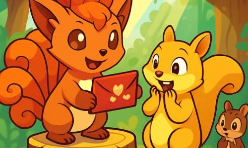 Un vulpix cu blană roșie strălucitoare, cu ochi curioși și un zâmbet fericit, stă pe un buștean în centrul scenei, ținând o scrisoare roșie decorată cu inimi aurii. Lângă el, o veveriță cu blană aurie, cu o coadă pufoasă și ochi strălucitori de uimire, citește scrisoarea cu o expresie de surpriză și fericire. Un mic veverițoi cu blană maronie deschisă, cu obraje roz și urechi ridicate, stă timid în fundal, observând cu un amestec de emoție și nervozitate. Scena are loc într-o pădure fermecată, unde copaci majestuoși cu frunze verzi vibrante se ridică în jurul lor, iar flori colorate presară solul. Razele soarelui pătrund prin crengi, creând o atmosferă caldă și magică. În această ilustrație, vulpixul prezintă scrisoarea de Ziua Îndrăgostiților, în timp ce veverița descoperă conținutul cu uimire, iar veverițoiul, în fundal, se pregătește să-și mărturisească sentimentele.