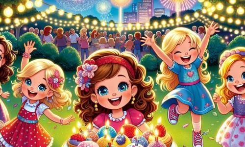 In einem von funkelnden Lichtern erleuchteten Park stehen fünf siebenjährige Mädchen zusammen, umgeben von Lachen und Freude. Mia, ein kleines Mädchen mit lockigem braunem Haar und funkelnden Augen, springt vor Aufregung und hält eine bunte Knallerbse in der Hand. Neben ihr lächelt Emma mit glattem blonden Haar und einer großen roten Mütze und zeigt eine große Schüssel mit Knabbergebäck, die sie gerade vorbereitet hat. Lena, mit braunem Haar zu einem Pferdeschwanz gebunden, schaut bewundernd auf das Feuerwerk, das am Himmel explodiert. Die Zwillingsschwestern Clara und Lisa, mit blonden Haaren und passenden Kleidern, haben Spaß daran, Konfetti in die Luft zu werfen, ihre Gesichter strahlen vor Glück.

Der Park ist mit bunten Ballons und funkelnden Lichtern dekoriert, was eine festliche und warme Atmosphäre schafft. Im Hintergrund lachen und plaudern Erwachsene, während ein großer Baum mit Lichtergirlanden geschmückt ist, was der Szene einen magischen Touch verleiht.

Die Hauptsituation zeigt die Mädchen, die den Jahreswechsel feiern und gemeinsam bis Mitternacht zählen, während Feuerwerke den Nachthimmel erleuchten und eine Explosion von leuchtenden Farben erzeugen. Lachen und Jubel hallen in der Luft wider und fangen den Geist von Kameradschaft und Festlichkeit ein.