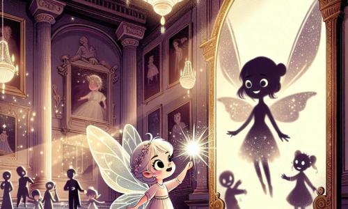 In a grand old hall, Lira, a small fairy with wings sparkling like stars, stands at the center, her eyes wide with curiosity and excitement as she gazes at a mysterious mirror glowing with a magical light. Beside her, the Whispering Shadows, ethereal silhouettes with blurred shapes and gentle faces, float around her, their eyes shining with hope and gratitude, eagerly waiting for her to uncover the mirror's secret. The hall is majestic, with walls adorned with dusty portraits, a large sparkling chandelier overhead, and dancing shadows cast by flickering light. The main scene shows Lira, ready to free the shadows, delicately placing a hand on the mirror as bursts of light begin to emanate from it, creating an atmosphere that is both magical and slightly eerie.