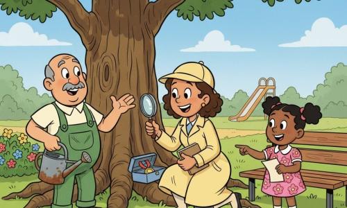 Detective Clara, determined and smiling in a pale yellow trench coat and round hat, kneels by the gnarled roots of a large oak using a shiny magnifying glass and small notebook to remove a box with a silver medal; Mr. Green (about 50), a round-faced gardener with a gray mustache in green overalls holds a rusty watering can at left, relieved with slightly raised hands; Lily (about 8), with pigtails in a pink floral dress, points at the box and holds a crumpled paper corner at right by a wooden bench; sunny park with green grass, colorful flowerbeds, a wooden table with a crumpled blue ribbon and a small blurred slide in the background; joyful clear moment, expressions of relief and wonder, bright colors, rounded contours and simple retro cartoon style.