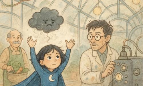 A female superhero named Luna — round face, short floating black hair, shimmering blue cape, determined yet gentle expression and bright eyes — raises her hands to blow a small crackling dark cloud away; beside her to the right stands Dr. Nimbus, a ~35-year-old male scientist with tousled hair, paint-stained white coat and round glasses, adjusting a large metal machine with glowing dials next to the cloud; in the background near the dome entrance an elderly vendor, Mr. Green, ~60, gray mustache, green apron, smiles relieved while holding a basket of vegetables; the setting is a large transparent climate dome with curved steel supports, colored cables, round screens, pulsing lights and tiled floor with wet footprints and small reflective puddles; the cooperative struggle shows the dark trembling cloud shrinking into silvery smoke under Luna’s breath and the machine’s adjustments, warm reassuring lighting, composition centered on the characters in a semicircle.