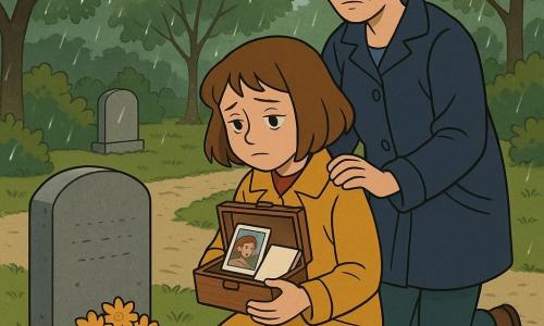 A 10-year-old girl with a light brown bob and wide hazel eyes, melancholic but calm, kneels before a simple gray granite tombstone holding a small wooden box against her chest; she wears a mustard coat and gazes into the open box containing an old photo and a small notebook while whispering to the grave; behind her stands her mother, about 35, brown hair in a bun, tired yet gentle face, in a navy raincoat with one hand on the girl's left shoulder; a yellow spray of flowers rests before the stone and fresh dark soil surrounds the slab; the quiet cemetery has a light gravel path, wet-leaved trees with a few birds and visible raindrops, soft rainy-afternoon light; the scene is intimate and centered, warm yellow and brown tones for the figures contrasting with the gray-green background.