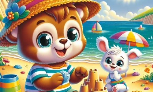 Um pequeno urso marrom chamado Tomás, com um grande sorriso alegre e olhos brilhantes, constrói um castelo de areia na praia. Ele usa um chapéu de palha colorido e um traje de banho listrado. Ao seu lado, sua namorada Coelhina Lila, com orelhas longas e pelagem branca, observa uma concha com admiração, seus olhos brilhando de curiosidade. Um garotinho, Teco, com cabelo loiro bagunçado e uma camiseta azul, lança uma bola rindo, um pouco mais distante. A praia é iluminada por uma luz dourada, com ondas suaves que lambem a costa. Guarda-sóis coloridos estão fincados na areia fina, e conchas brilham ao sol. Ao fundo, vê-se dunas verdejantes e um céu azul com algumas nuvens brancas e fofas. A cena transmite uma atmosfera alegre e de verão, cheia de risos e amizade.