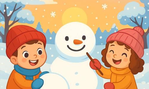 A 4-year-old boy with rosy cheeks and sparkling eyes wears a blue scarf and a red hat. He is rolling a snowball, his face beaming with excitement and happiness. Next to him, a 4-year-old girl with a pink wool hat and curly hair smiles while holding a stick to draw a smile on the snowball. They are in an enchanted garden covered with a thick layer of shimmering snow, with trees weighed down by white flakes. The scene shows the two children creating a snowman, surrounded by gently falling snowflakes as the sun sets, casting a golden light on their joyful creation.