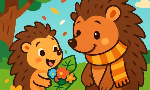 A small hedgehog named Bramble, with soft spines and sparkling eyes of joy, holds a little leaf bag filled with colorful flowers and a leaf-shaped card. He smiles with pride and excitement, standing on his tiny paws. Next to him, his dad, a tall and warm hedgehog with brown fur and a striped scarf, looks at his son with tender, sparkling eyes, crouching down to admire the gift. The scene takes place in a sunny garden filled with bright flowers, tall green trees, and a blue sky dotted with fluffy white clouds. In the center, Bramble proudly presents his creations, surrounded by softly falling colorful petals. It's a magical moment of sharing and love between father and son, filled with laughter and sweetness.