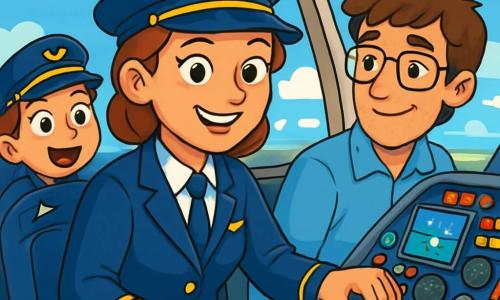 A female pilot, Captain Amelia Skywalker, smiling and confident, wearing a navy blue pilot uniform with a cap adorned with a golden insignia, stands in the cockpit of a large airplane. Her bright eyes express excitement and determination as she confidently adjusts the controls. Next to her, her co-pilot, Max, a young man in his 30s with messy brown hair and glasses, looks at the instruments with a knowing smile, ready for adventure. In the background, an 8-year-old boy named Timmy, wearing an oversized pilot cap, watches in awe, his eyes wide with joy and admiration. The cockpit is filled with colorful buttons, bright screens, and dials, creating a dynamic and captivating atmosphere. Through the window, a bright blue sky dotted with fluffy white clouds can be seen, while the ground gets smaller below. The main scene shows Captain Amelia and Max preparing for takeoff, surrounded by Timmy's palpable excitement as he dreams of becoming a pilot one day.