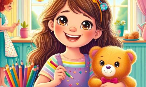 Una niña de 10 años, Clara, con largos cabellos castaños y ojos brillantes de alegría, está sentada en una mesa de madera, rodeada de lápices de colores. Sonríe con entusiasmo, sosteniendo una carta colorida en sus manos, lista para esconderla debajo de la almohada de su mamá. A su lado, su peluche, un oso llamado Nube, está sobre la mesa, con una mirada amistosa. Su mamá, Ana, una mujer de unos 35 años, con cabello castaño y una sonrisa cálida, está en la cocina, preparando el desayuno. Lleva un delantal colorido y mira a Clara con ternura. La escena transcurre en una cocina luminosa y acogedora, con paredes amarillas, ventanas que dejan entrar la luz del sol y plantas verdes en el alféizar. Aromas de pan tostado flotan en el aire, creando una atmósfera alegre y familiar. Clara, llena de emoción, se prepara para sorprender a su mamá con una carta que escribió para el Día de la Madre, llena de recuerdos y amor.