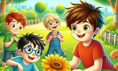 In een bloeiende park spelen vier zevenjarige jongens samen. Max, met rommelig bruin haar en een rood T-shirt, houdt een mooie gele bloem in zijn hand en glimlacht enthousiast. Rechts van hem kijkt Tom, met blond haar en een blauw T-shirt, naar een bij die om de bloemen vliegt, met grote nieuwsgierige ogen. Links is Sam, met een bril en kastanjebruin haar, die zich voorover buigt om een grote bloem op een stuk papier te tekenen. Tot slot draagt Finn, met zwart haar en een groen T-shirt, een bloemenkrans op zijn hoofd en lacht terwijl hij zijn kleurrijke creatie laat zien. Het park is verlicht, met bomen met heldergroene bladeren en kleurrijke bloemen die dansen in de zachte bries. De lucht is helderblauw met enkele wattenachtige witte wolken, en vogels zingen vrolijk in de takken. De jongens doen mee aan een lentekransjacht, op zoek naar bloemen, insecten en natuur elementen, terwijl ze lachen en samen plezier maken en de schoonheid van het seizoen vieren.