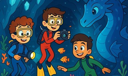 Hay 3 personajes: - Tomás: Un niño de 10 años, con cabello rizado y ojos verdes brillantes. Lleva un traje de buceo azul y sostiene una linterna submarina, maravillado por las maravillas marinas que lo rodean. - Nico: Un niño de 11 años, alto y delgado, con gafas y cabello castaño. Lleva un traje de buceo rojo y sostiene una cámara submarina, capturando la belleza del mundo subacuático. - Hugo: Un niño de 10 años, musculoso con cabello castaño y una sonrisa confiada. Lleva un traje de buceo verde y nada con facilidad, mostrando su valentía al acercarse a una criatura marina misteriosa. Los tres amigos se encuentran en una hermosa cueva submarina, donde cristales brillantes iluminan las paredes, creando un espectáculo de ensueño. Corales coloridos y peces tropicales nadan a su alrededor, mientras una gran criatura marina, similar a un dragón, los observa con curiosidad. La situación principal muestra a los niños maravillados, explorando la cueva, mientras la criatura marina emite un suave resplandor azul, creando una atmósfera mágica y misteriosa.