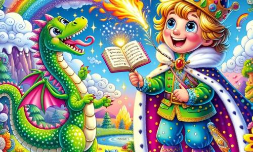 Un príncipe alegre, de unos 8 años, con una capa de lunares de colores y una corona ligeramente torcida, ríe a carcajadas mientras sostiene un libro de chistes. A su lado, un pequeño dragón verde con escamas brillantes y grandes ojos chispeantes lanza chispas de fuego riendo, con las alas desplegadas. En el fondo, una fuente mágica danza y salpica agua brillante, rodeada de flores multicolores que parecen cantar. El cielo es azul con nubes esponjosas y un arcoíris se extiende sobre la escena. La situación principal muestra al príncipe y al dragón preparando una gran fiesta de risas, rodeados de animales del bosque que se acercan para escuchar los chistes, creando una atmósfera alegre y festiva.