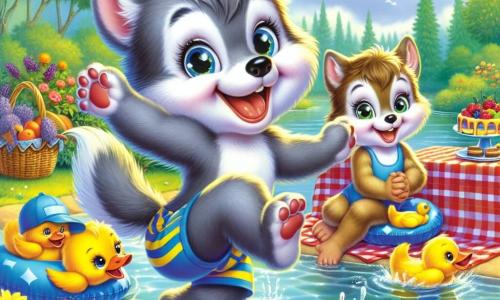 Un pequeño lobo llamado Lucas, con un suave pelaje gris y ojos brillantes de alegría, salta de felicidad al borde de un lago resplandeciente. Lleva un bañador a rayas azul y amarillo, y su amplia sonrisa muestra su emoción. A su lado, su hermana Lila, una pequeña loba de pelaje marrón y ojos brillantes, ríe sosteniendo un flotador de pato colorido, lista para zambullirse en el agua. Su mamá, una gran loba de pelaje sedoso, prepara un picnic sobre un mantel a cuadros rojos y blancos, con frutas jugosas y pasteles. Sus ojos están llenos de felicidad y amor. El lago está rodeado de exuberante vegetación, con flores coloridas que bailan bajo la suave brisa. El cielo es de un azul brillante, salpicado de algunas nubes blancas esponjosas. En esta escena alegre, Lucas y Lila se preparan para zambullirse en el agua fresca, mientras su mamá los observa con ternura, creando una atmósfera de felicidad familiar y aventura veraniega.