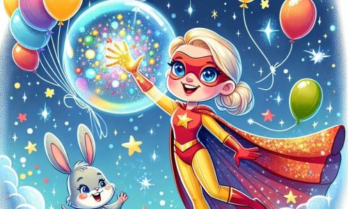 La superhéroe, Luz Estrella, es una mujer con cabello dorado brillante, ojos azules chispeantes y una capa roja flotante. Sonríe con determinación, los brazos levantados hacia el cielo, creando una burbuja luminosa para atrapar globos coloridos. A su lado, el pequeño Conejo Saltarín, un niño de 6 años, tiene grandes orejas y pelaje gris. Salta de alegría, los brazos abiertos, con una gran sonrisa en su rostro, mirando los globos descender hacia él. La escena se desarrolla en un cielo azul brillante, salpicado de nubes blancas esponjosas, donde estrellas centellean alrededor de Luz Estrella, creando un ambiente mágico. La situación principal muestra a Luz Estrella utilizando sus poderes para atrapar globos coloridos que se escapan con el viento, mientras Conejo Saltarín aplaude y espera con ansias atraparlos.