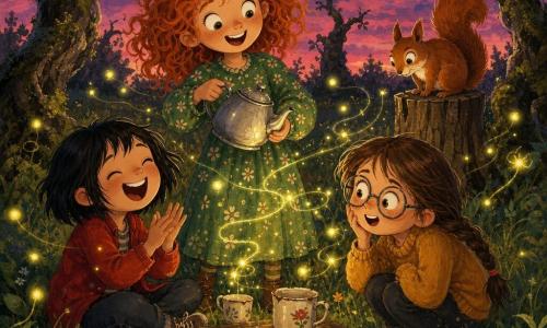 Vier personages: Sara (9) met wilde krullende roodbruine haren en een groene bloemjurk, staat iets links met een kleine tinnen theepot in het midden; Noor (8) met scheve ronde bril, bruine vlecht en mosterdkleurige trui, hurkt rechts en kijkt verbaasd naar de vuurvliegjes; Mila (9) met kort zwart haar, ondeugende glimlach en rode jas, zit op de voorgrond links en lacht terwijl ze applaudisseert; een klein rond eekhoorntje met pluimstaart zit op een stronk achteraan rechts en kantelt nieuwsgierig het hoofd naar de theepot. Locatie: open plek in een oude boomgaard bij schemering, hoge groene-gele grasmat, kromme met mos bedekte appelbomen, stenen en herfstblad, violet-roze lucht aan de horizon. Scène: vuurvliegjes vormen gele en groene lichtpuntjes en fijne lichtsporen rond de theepot; theepot in het midden met afgebrokkelde porseleinen kopjes op een oud houten dienblad — een theefeest voor vuurvliegjes. Sfeer: speels en komisch, warm licht van de vuurvliegjes benadrukt gezichten, vrolijke houdingen en brede glimlachen; gouache-stijl met zichtbare penseelstructuur, verzadigde contrasterende kleuren, zachte randen, nachtelijk maar gezellig.