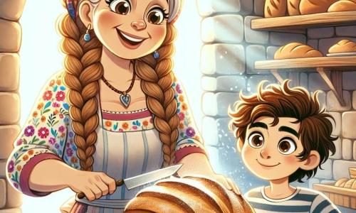 Marta è una donna gioiosa di circa cinquant'anni, con capelli biondi intrecciati e occhi brillanti di felicità. Indossa un grembiule colorato e floreale, sorridendo calorosamente mentre estrae una deliziosa pagnotta dorata dal forno, con un'espressione fiera e soddisfatta. Accanto a lei c'è Carlo, un ragazzino di nove anni, con capelli castani disordinati e occhi curiosi, che guarda con meraviglia la pagnotta. Indossa una maglietta a righe e un pantaloncino, tenendo un piccolo coltello da pane, pronto a gustare la creazione di Marta. La scena si svolge in un forno accogliente, con muri in mattoni rustici e scaffali in legno pieni di pane di ogni forma. La luce del mattino filtra attraverso una finestra, illuminando la farina nell'aria e creando un'atmosfera accogliente e conviviale. Marta e Carlo condividono un momento magico, mentre lei gli mostra come estrarre il pane dal forno, riempiendo l'aria di un profumo dolce di miele e noci, simboleggiando l'amicizia e la passione per la panificazione.